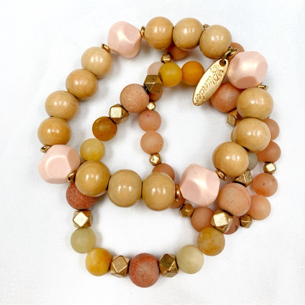 Plunder Bracelet Stack Natural Wood and Stone Beads Peach Gold